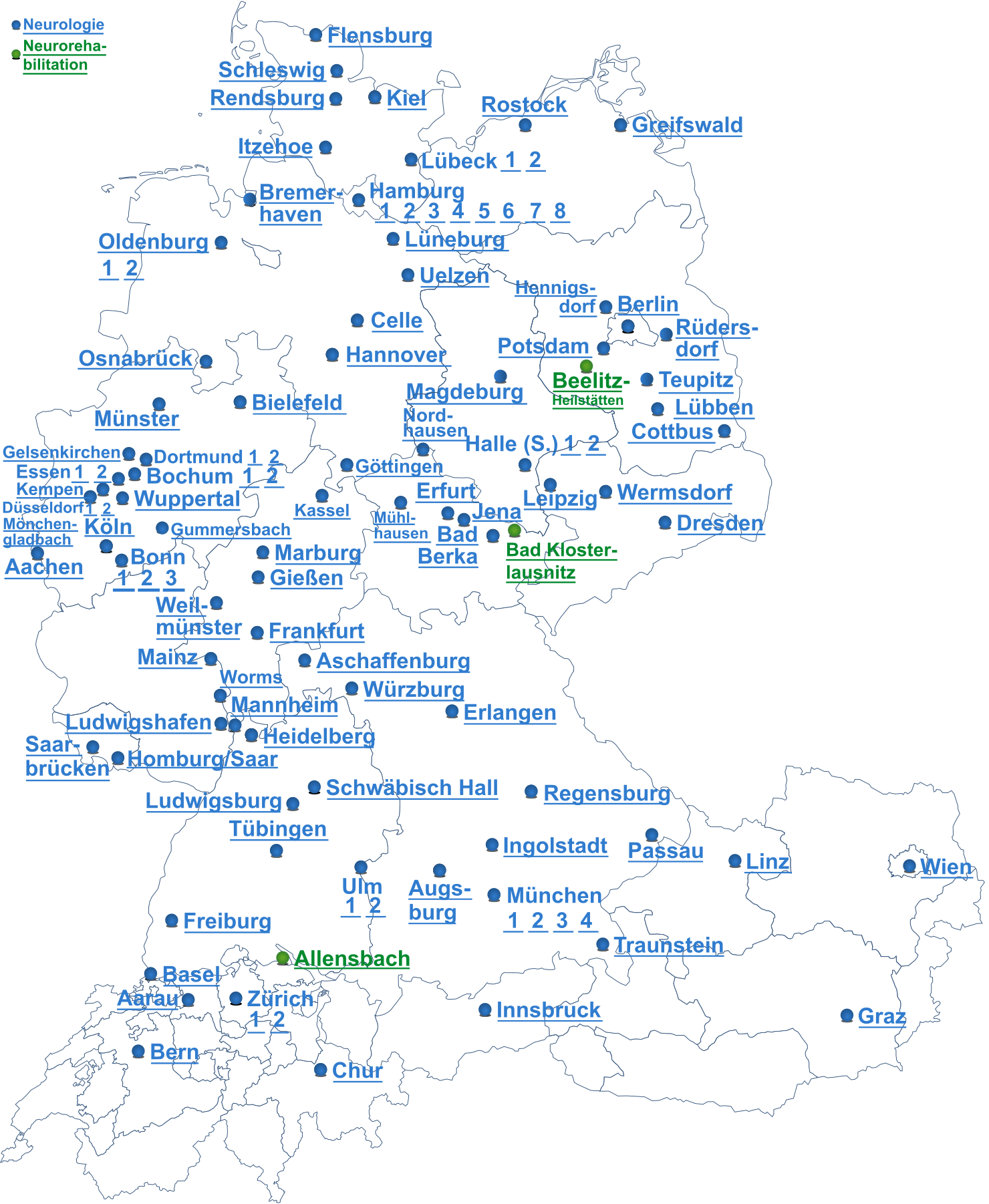 Landkarte mit den Zentren