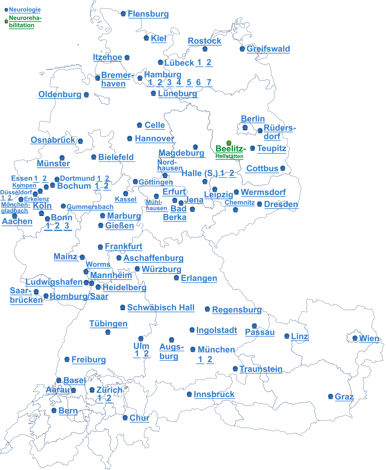 Landkarte mit den Zentren